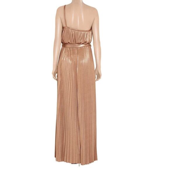 Halston Heritage Pleated Lamé Metallic One-Shoulder Maxi Dress 8 Belted Gown - Picture 3 of 9